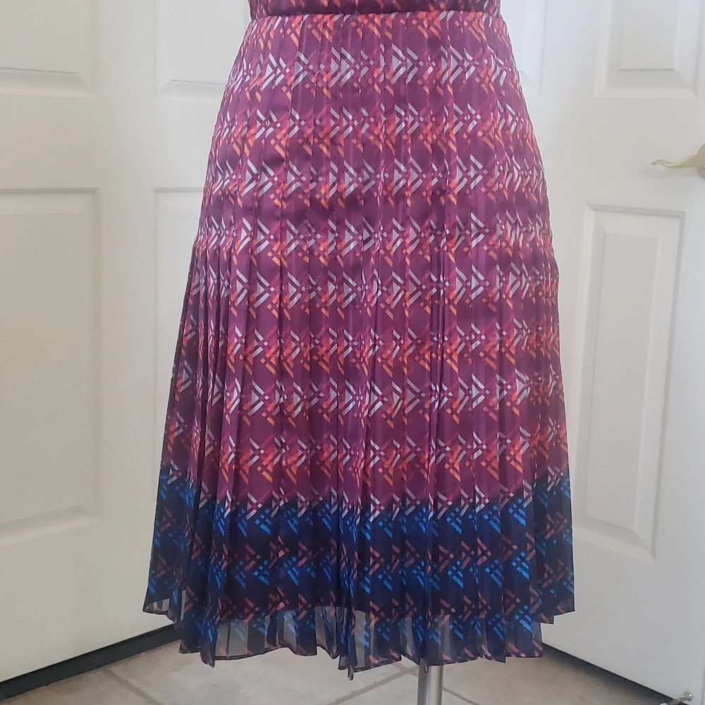 HALOGEN Geometric Pleated Fit & Flare Dress Burgundy Plum 4P Office Wedding